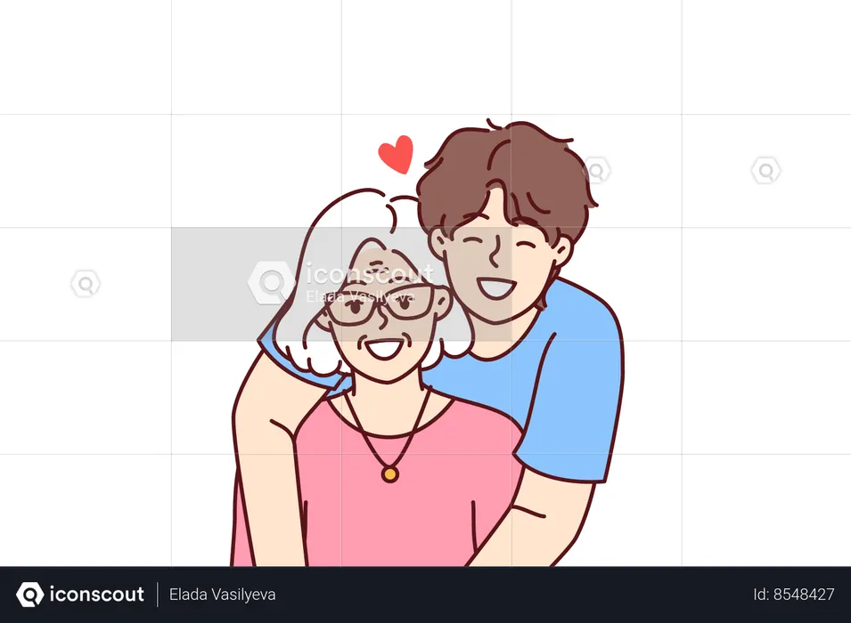 Noble guy teenager hugging elderly grandmother showing love and care for ancestors  Illustration