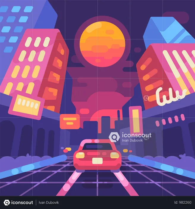 Noite Neon City Street Estilo Plano Dos Anos 80 ilustração  Ilustração