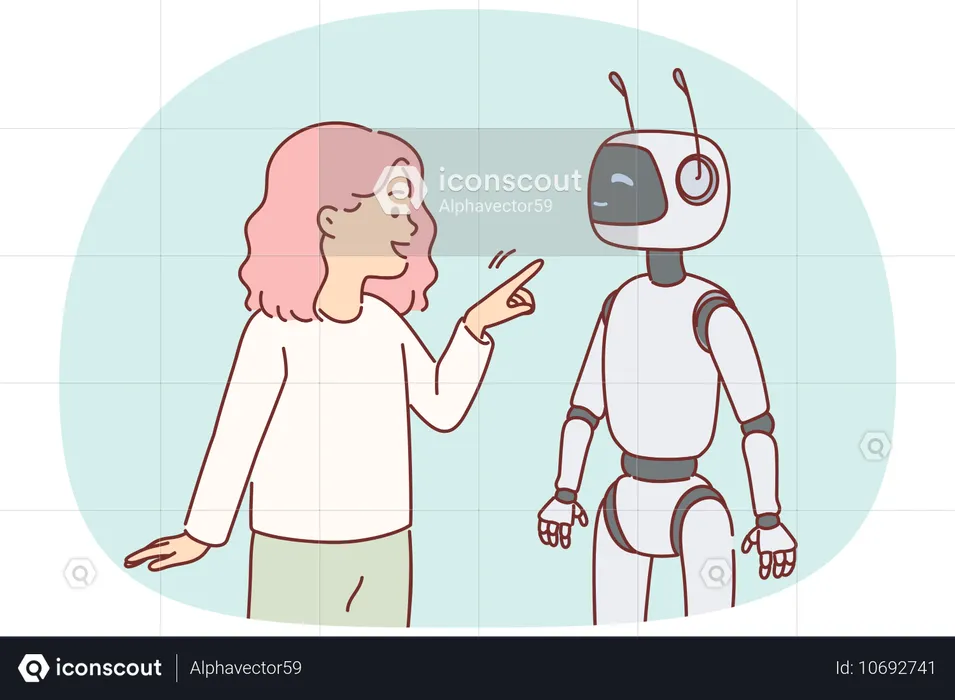 Nounou robot à côté d'une petite fille jouant avec un cyborg et envisageant de devenir le meilleur ami du robot  Illustration