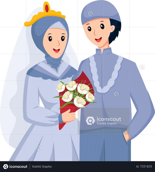 Novios con ramo de flores  Ilustración