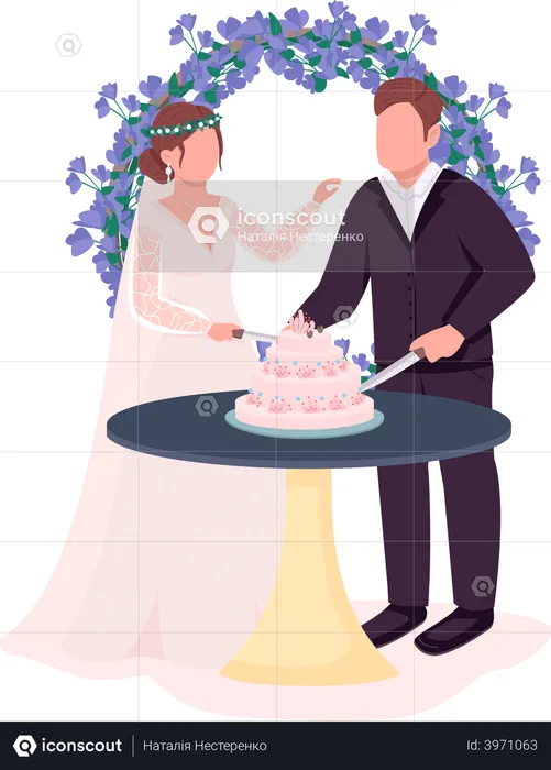 Los recién casados cortan el pastel en la recepción  Ilustración