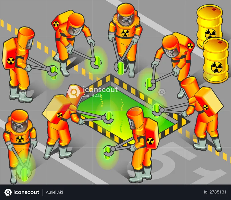 Nuclear Worker putting radioactive objects into safe chemical  Illustration