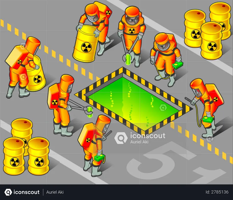 Nuclear Worker putting radioactive objects into safe chemical  Illustration