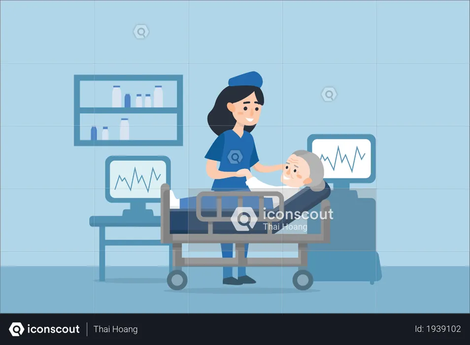 Nurse caring old aged woman after or before medical treatment  Illustration