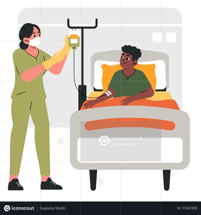 Nurse changing IV drip of patient at hospital  Illustration
