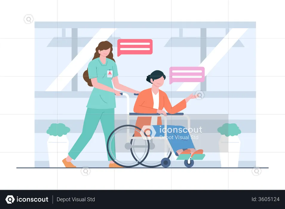 Nurse helping disabled woman using wheelchair  Illustration