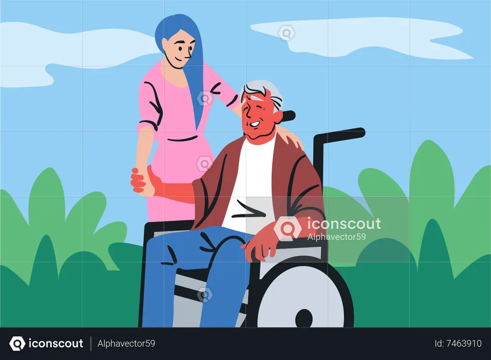 Nurse helping handicapped man  Illustration
