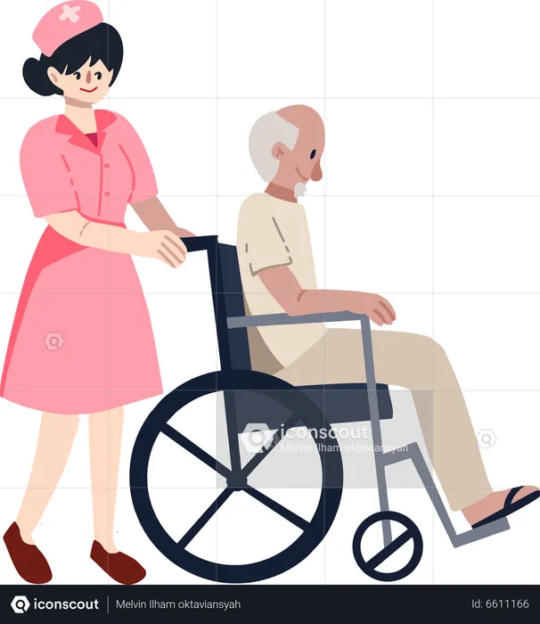 Nurse helping old aged man in wheelchair  Illustration