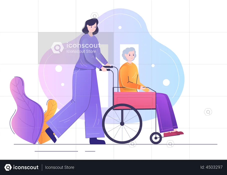 Nurse helping patient sitting in wheelchair  Illustration