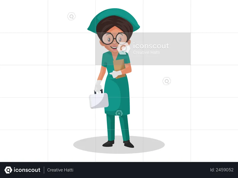 Nurse holding file in one hand and medical kit in other hand  Illustration