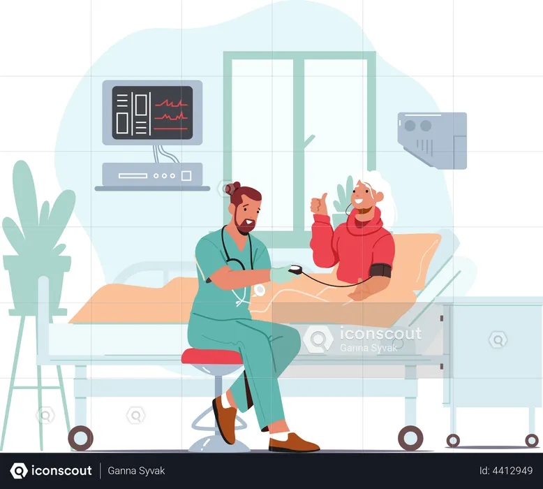 Nurse Measuring Blood Pressure to Old Woman Lying in Hospital Bed  Illustration