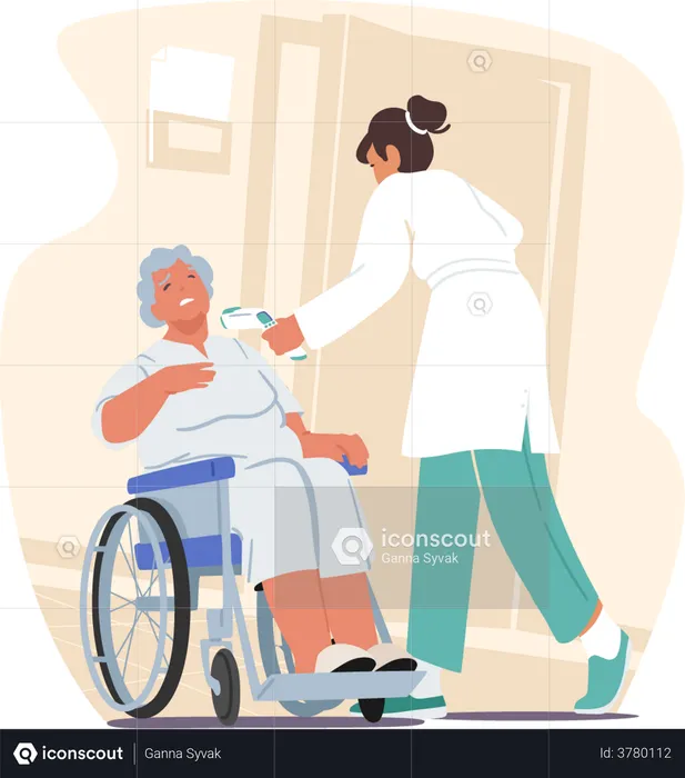 Nurse or Doctor Measuring Temperature to Elderly Woman Sitting at Wheelchair with Distant Thermometer during Coronavirus  Illustration
