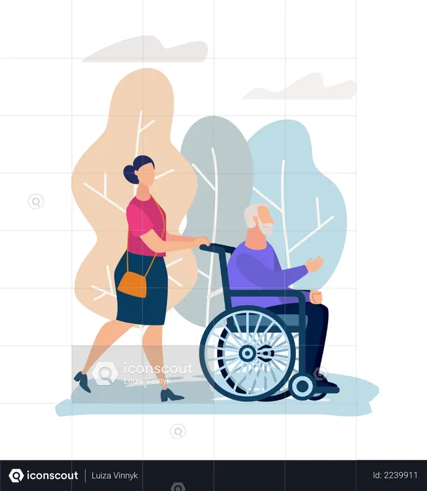 Nurse pushing old man on wheel chair to the doctor  Illustration