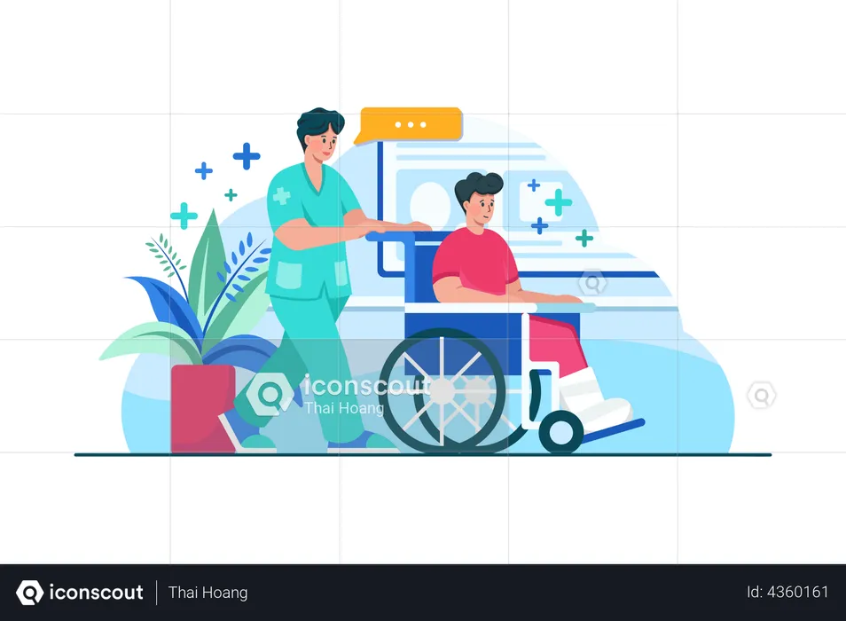 Nurse pushing wheelchair of patient  Illustration