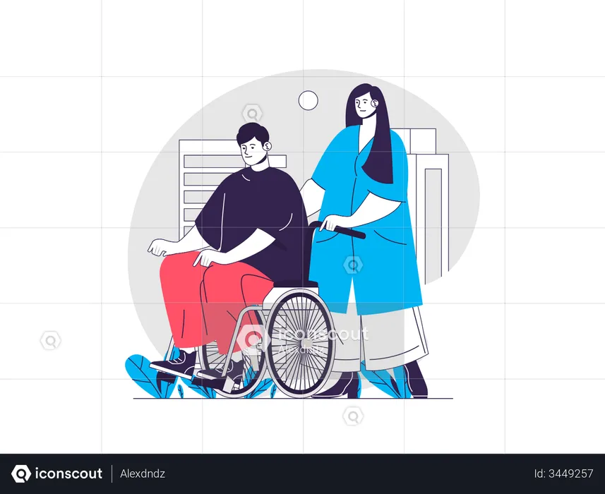 Nurse pushing wheelchair with disabled person  Illustration