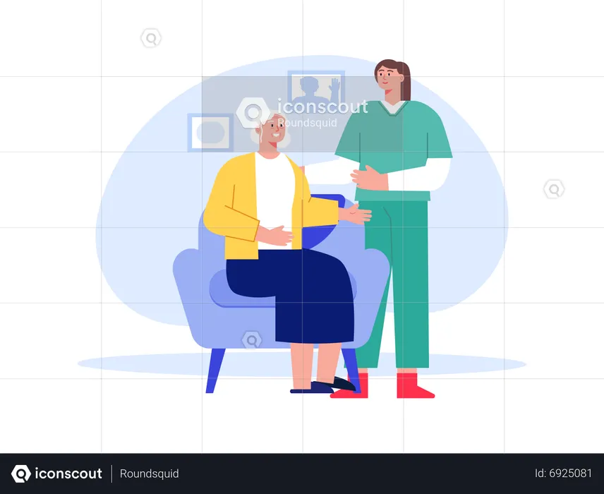 Nurse taking care of old woman in Nursing Home  Illustration