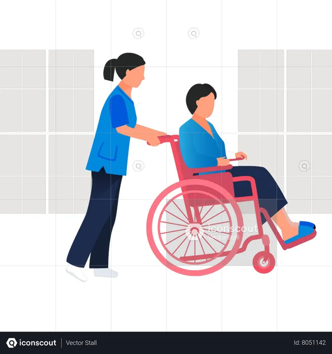 Nurse transporting patient in wheelchair  Illustration