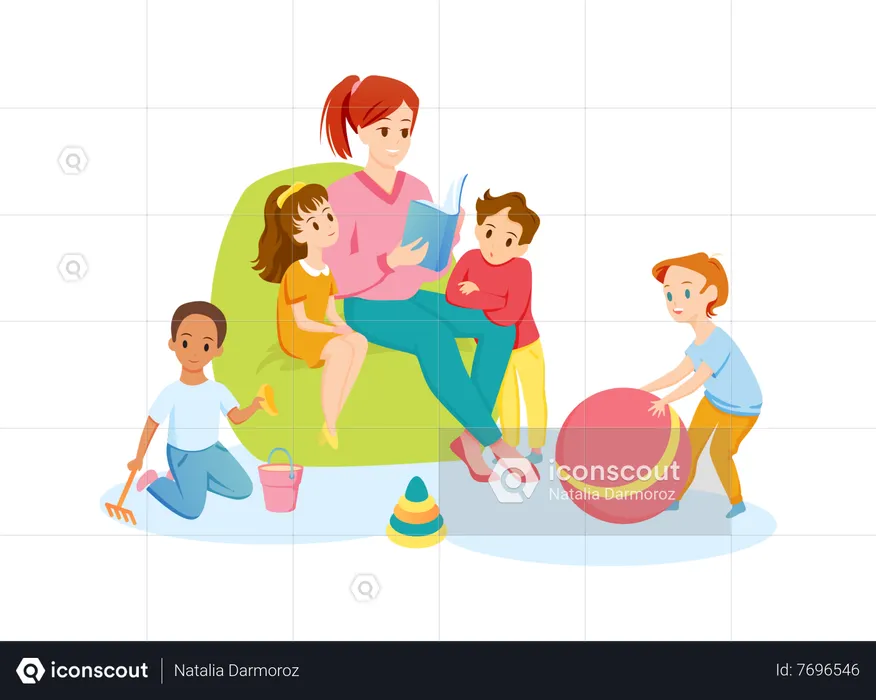 Nursery teacher with kids  Illustration