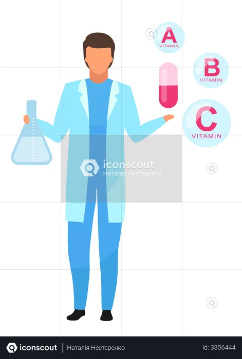 Nutritionist explaining synthetic vitamin components  Illustration