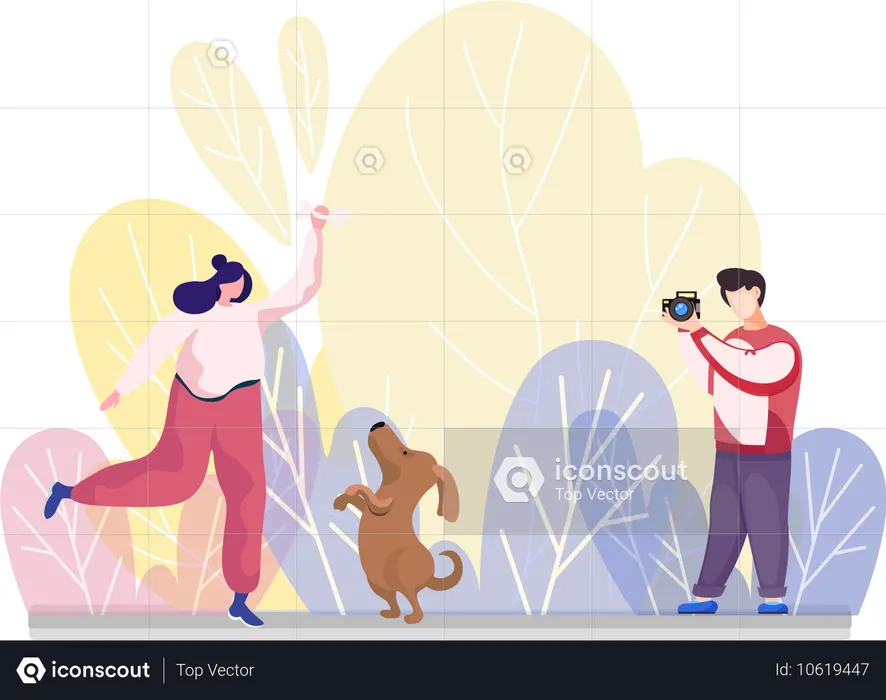 O fotógrafo tira uma foto de uma jovem feliz pulando e brincando com um cachorrinho fofo ao ar livre  Ilustração
