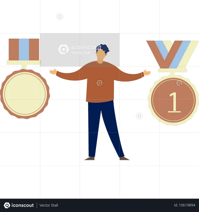 O homem está feliz por ganhar a medalha de ouro  Ilustração