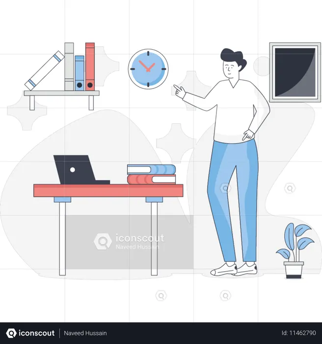 O homem está mostrando a sala de estudo  Ilustração
