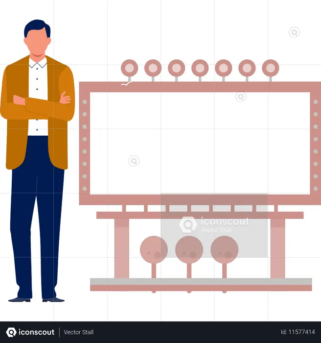 O homem está parado perto de um anúncio sem graça  Ilustração