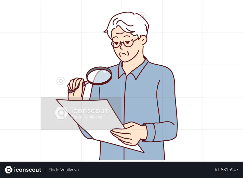 O homem mais velho está investigando o documento legal  Ilustração