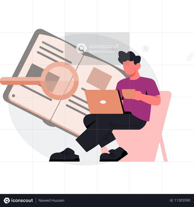 O homem segurando chá usando laptop  Ilustração