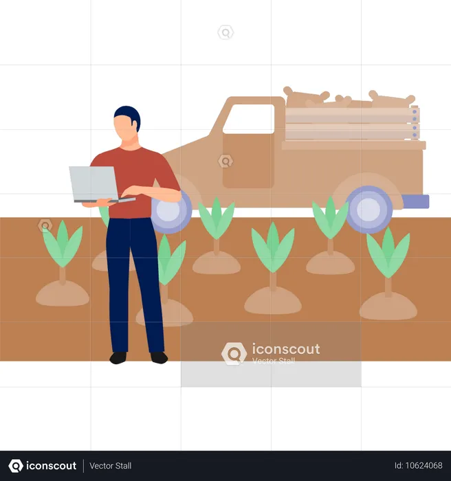 O menino está trabalhando no crescimento de plantas no laptop  Illustration