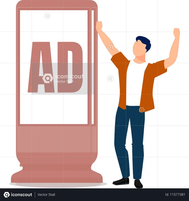 O menino feliz com placa de propaganda  Ilustração
