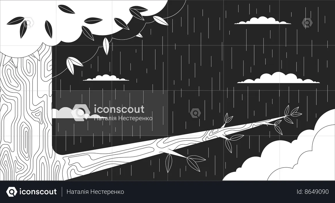 Oak tree branch on rain forest night  Illustration