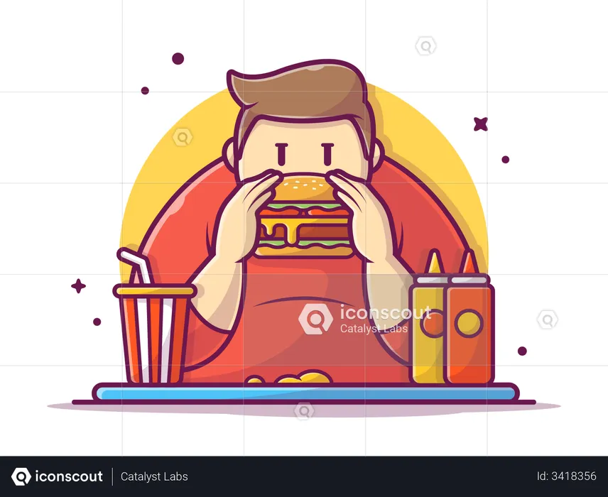 Obese boy eating burger  Illustration