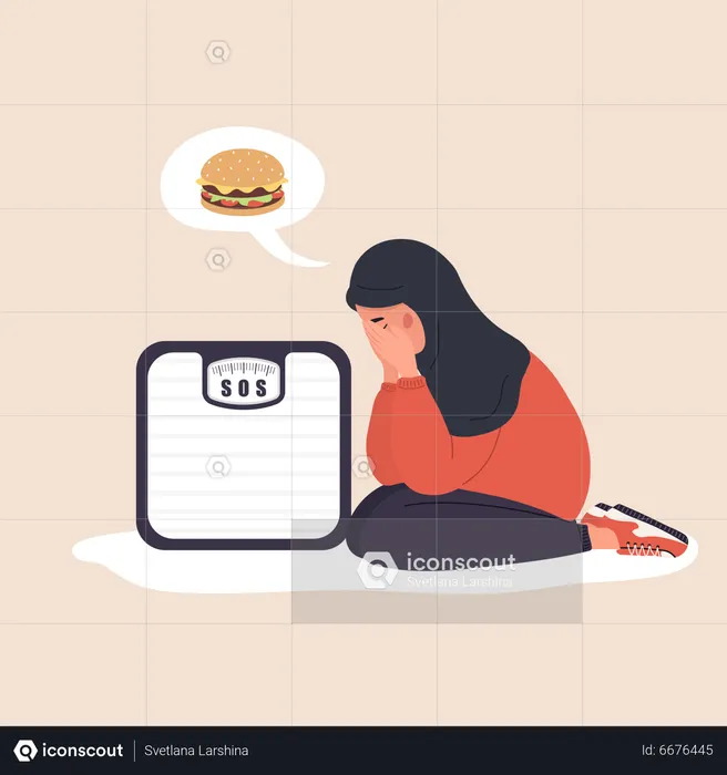 Obese girl feeling bad fast food craving  Illustration