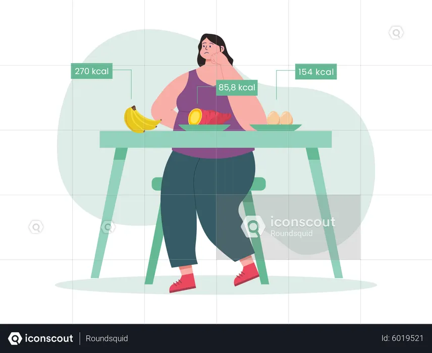 Obese girl feeling conscious about weight gain from eating  Illustration