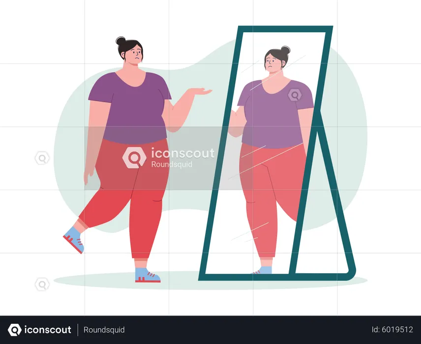 Obese woman feeling sad while looking at mirror  Illustration