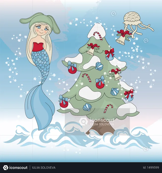 OCEAN CHRISTMAS Mermaid New Year  Illustration