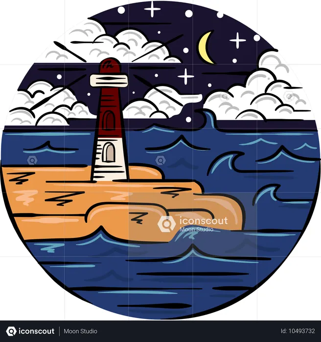 Nuit étoilée sur l'océan avec phare  Illustration