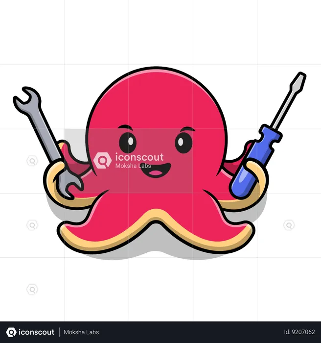 Octopus Holding Wrench And Screwdriver  Illustration