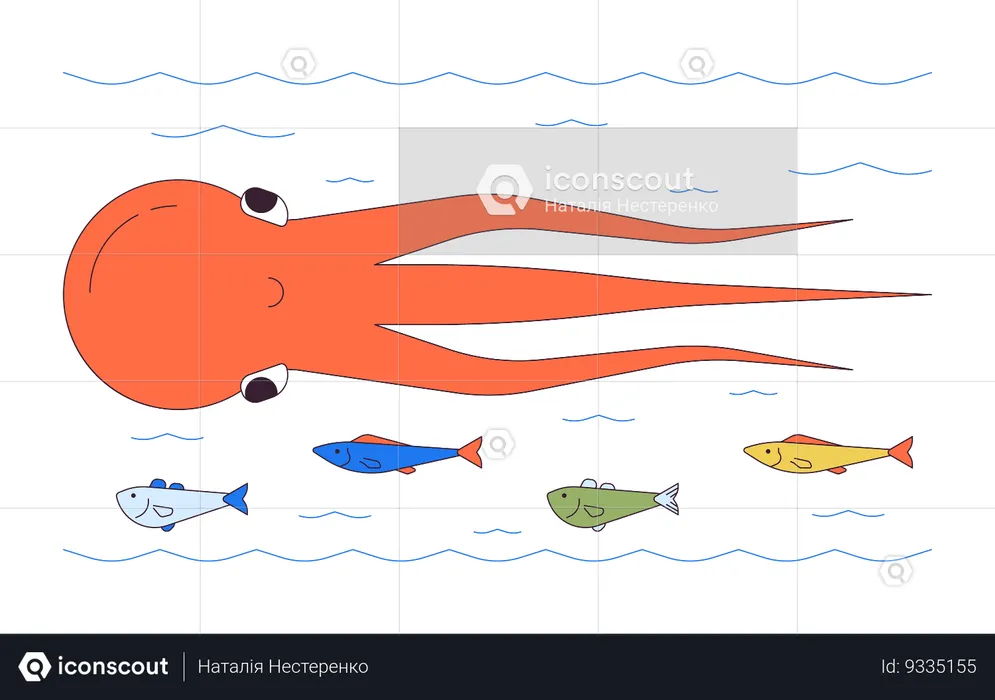 Octopus swimming with fish school s  Illustration