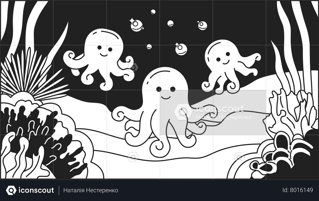 Octopuses underwater bubbles  Illustration