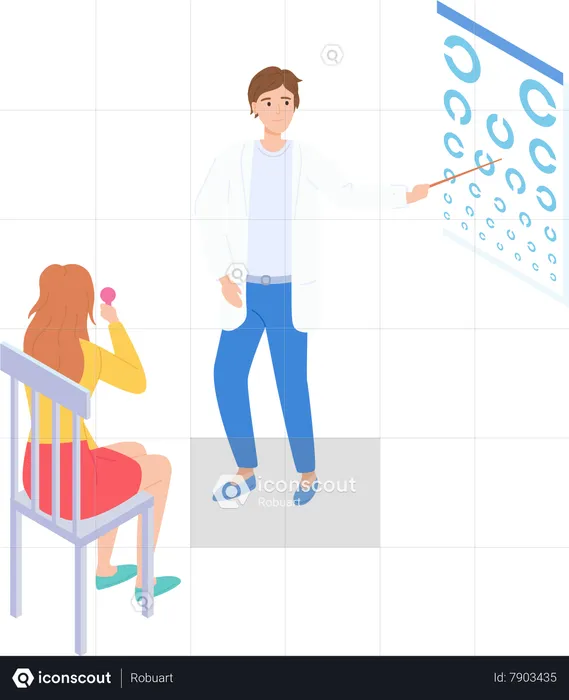 Oculist points to eye at table for visual examination of woman on chair  Illustration