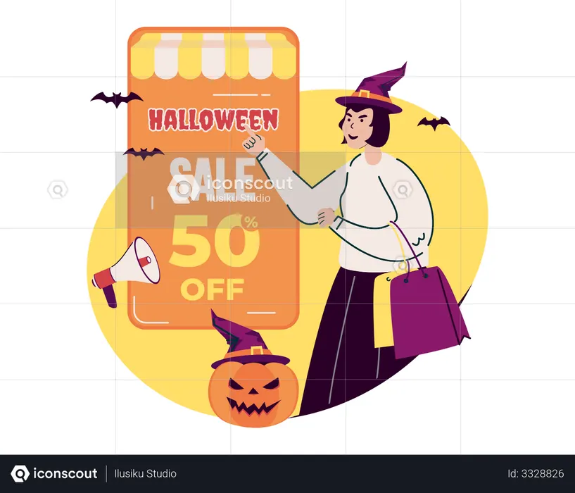 Oferta de rebajas de temporada de Halloween.  Ilustración