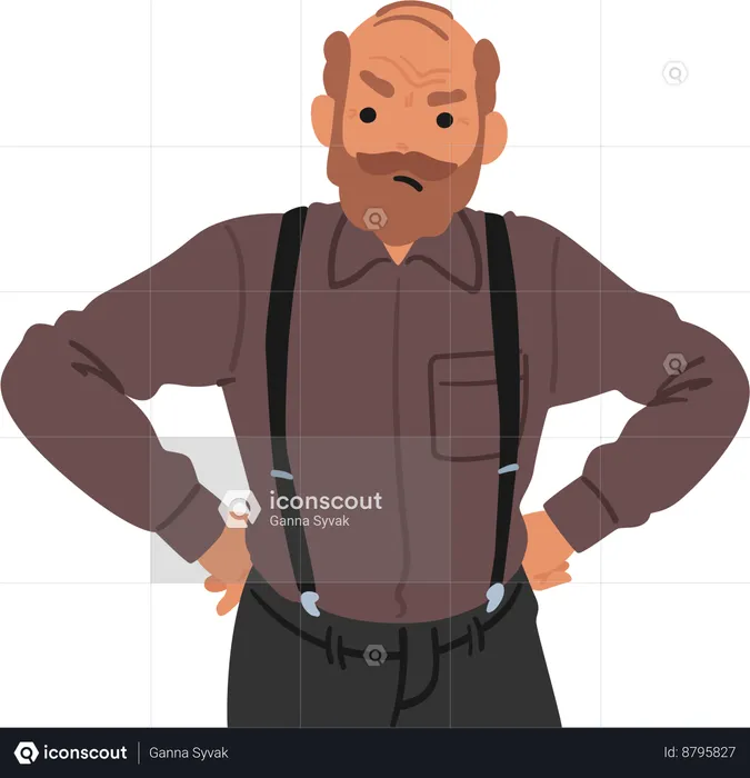 Offended Elderly Man Standing With Arms Akimbo  Illustration