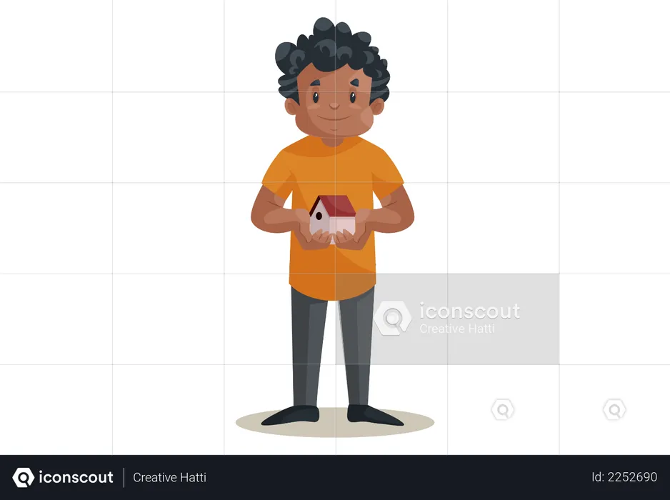 Office boy holding House toy as home loan concept  Illustration