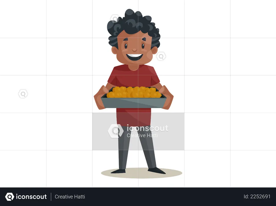 Office boy holding sweet box for the excitement of increment  Illustration
