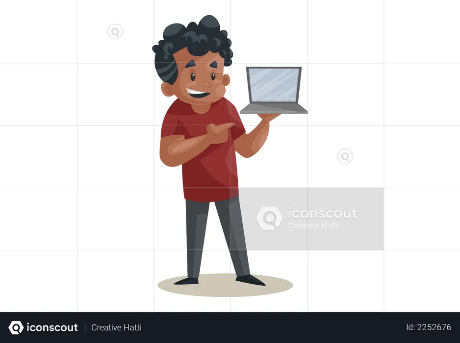 Office boy is holding a laptop in hand  Illustration