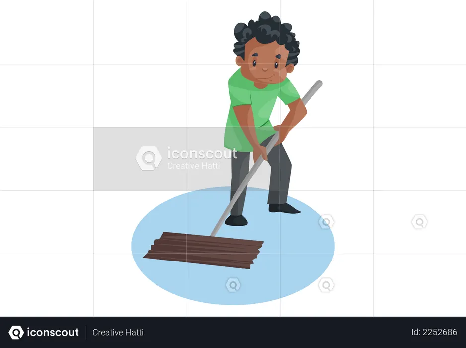 Office boy is holding wiper and cleaning the floor  Illustration