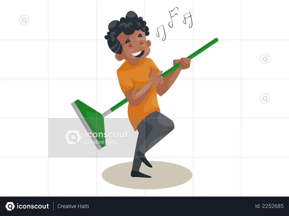 Office boy is singing song and holding wiper in hand as guitar  Illustration