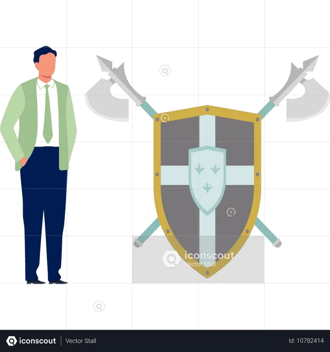 Office boy standing near security shield  Illustration